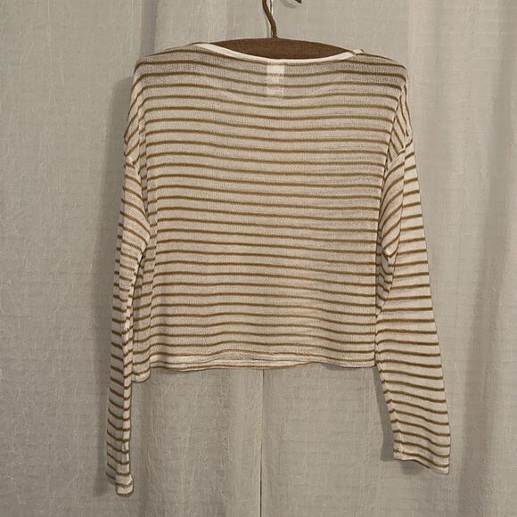 anko 10 Ivory Tan Lightweight Knit Striped Long Sleeve Cropped Sweater - Picture 2 of 10